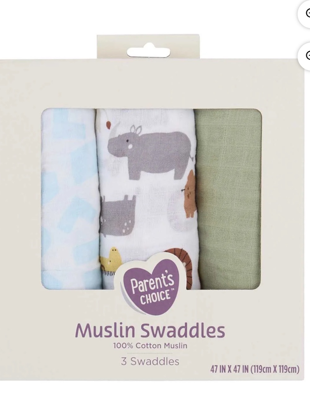 Parent's Choice Muslin Swaddles - Green, White & Light Blue - 3 Pack